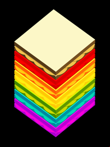 Angular stack of multi-coloured crisp sandwiches