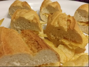 Close up of several crisp-filled baguette segments