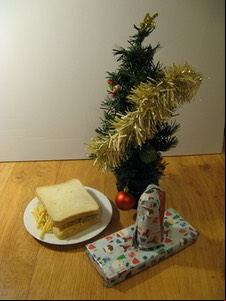 French Fries sandwich with Christmas tree and gifts